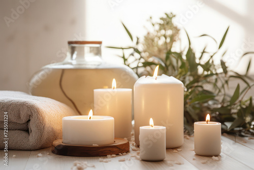 Tranquil Spa Retreat: Relaxation, Candlelight Massage, and Beauty Composition on Wooden Table.