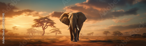 Cinematic African Elephant banner with copy space. Africa safari wildlife animal and savanna landscape graphic.