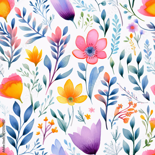 Seamless pattern of watercolor flowers in full bloom, featuring a vivid array of colors suitable for charming wrapping paper designs.