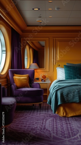 luxurious cruise liner cabin designed with a modern aesthetic. The overall design is chic and contemporary, with a color palette that's both vibrant and soothing.