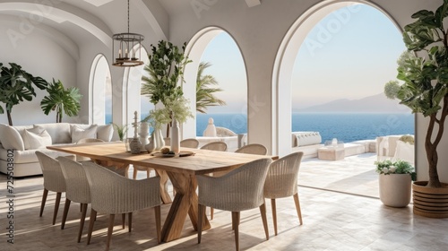 Coastal  mediterranean home interior design of modern dining room with arched ceiling
