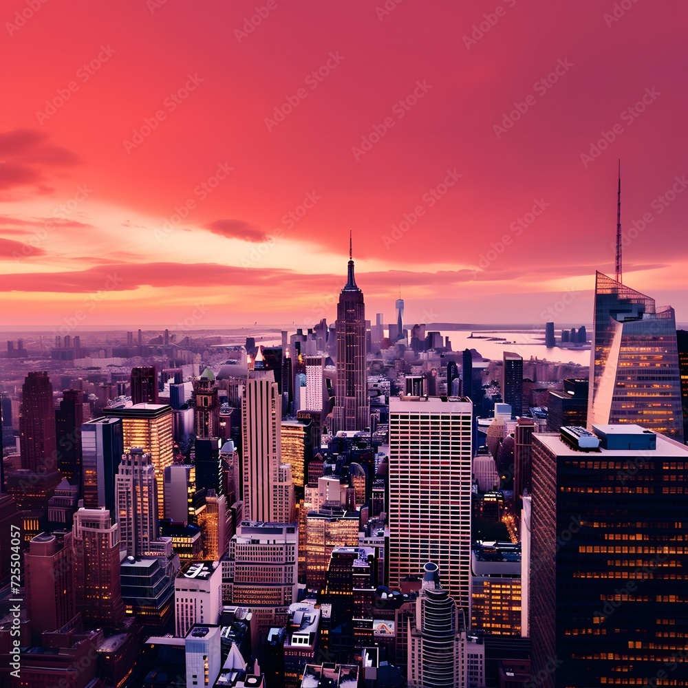 New York City Manhattan skyline panorama with Empire State Building at sunset.
