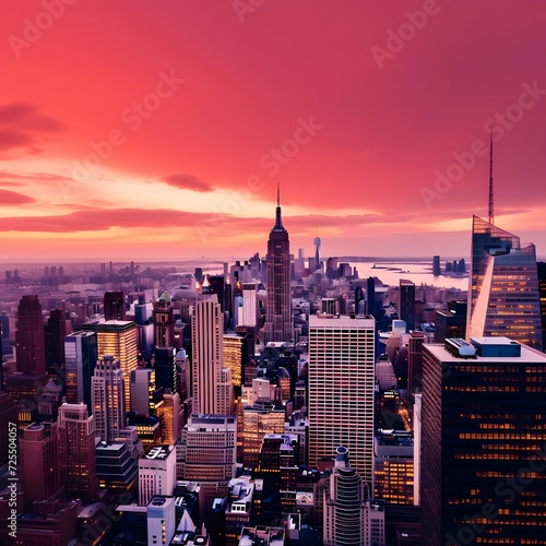 New York City Manhattan skyline panorama with Empire State Building at sunset. © Michelle