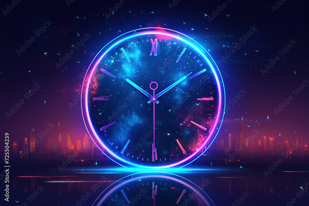 Futuristic Neon Clock with Cosmic Background and City Skyline