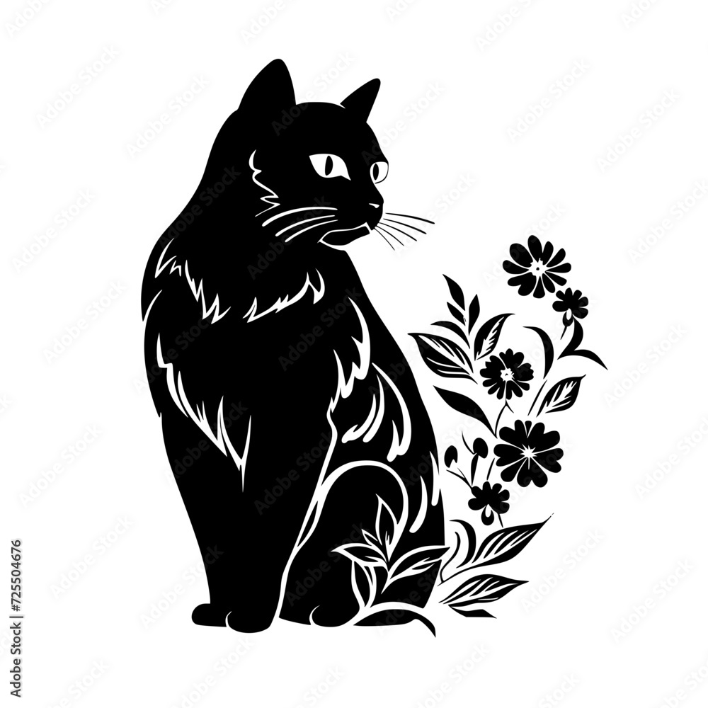 Obraz premium cat svg, cat floral svg, car lover svg, animal svg bundle, domestic pet svg, cat mom svg, cat bundle svg, cat mama svg, cat printable svg, flower svg, plant svg, floral svg, silhouette cat, cat, anima