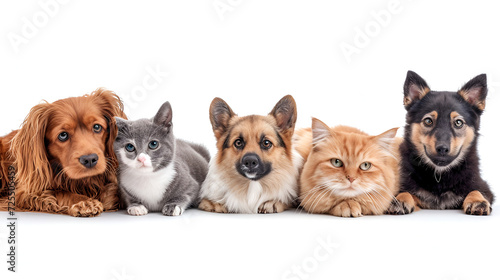 Group of cute pets on white background. Banner design. generative ai © Malaika