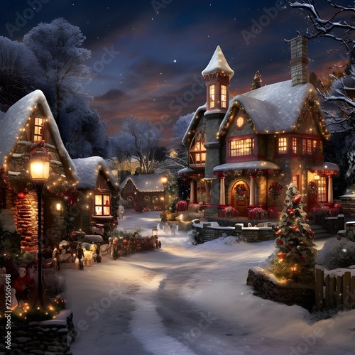 Winter night in the village. Christmas and New Year's background. Illustration
