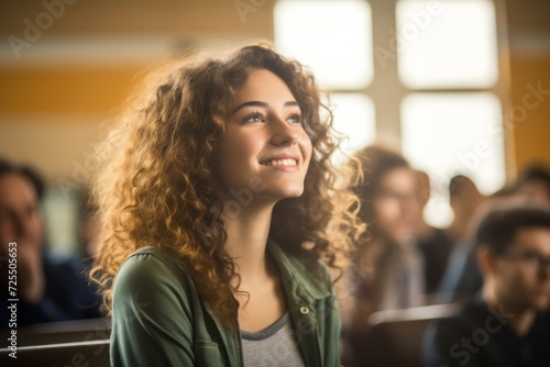 A joyful female college student in a lecture hall, looking away with a smile, radiating positivity and enthusiasm for learning © Chand Abdurrafy