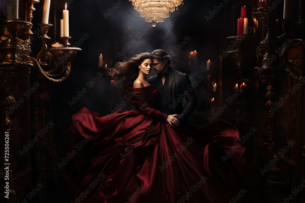 A girl in a red flowing dress and a man in a black suit on a dark classic interior background.  - obrazy, fototapety, plakaty 