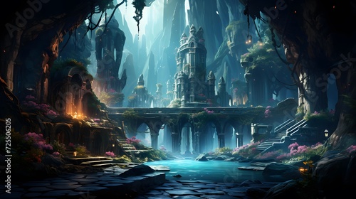 Fantasy landscape with a waterfall and a bridge. 3d rendering © Michelle