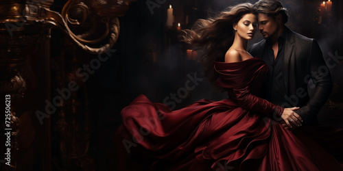 A girl in a red flowing dress and a man in a black suit on a dark classic interior background. Design template with an empty space for your text.	
