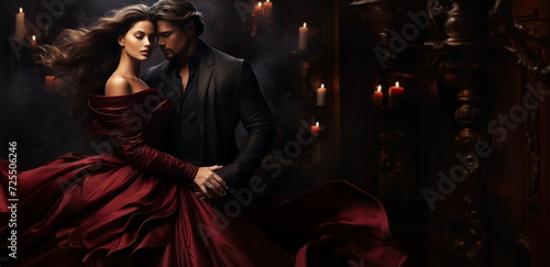 A girl in a red flowing dress and a man in a black suit on a dark classic interior background. Design template with an empty space for your text.	
