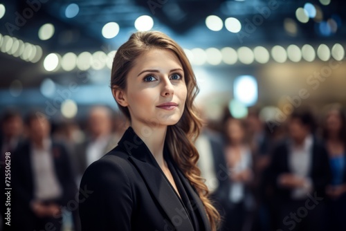 Leadership presence of a female manager in a convention center, involving the audience by posing relevant questions during a business seminar