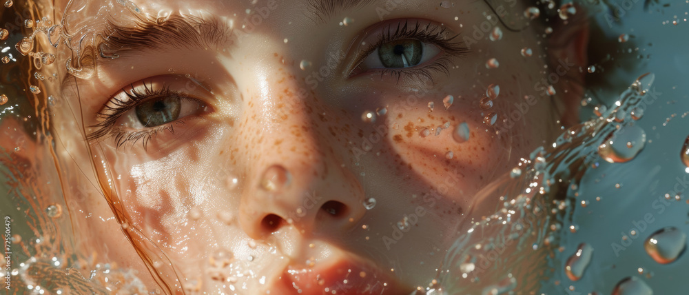 Up-close view of a child's face behind water droplets, merging innocence with the purity of water in a playful interaction Up-close view of a child's face behind water droplets, merging innocence with the purity of water in a playful interaction