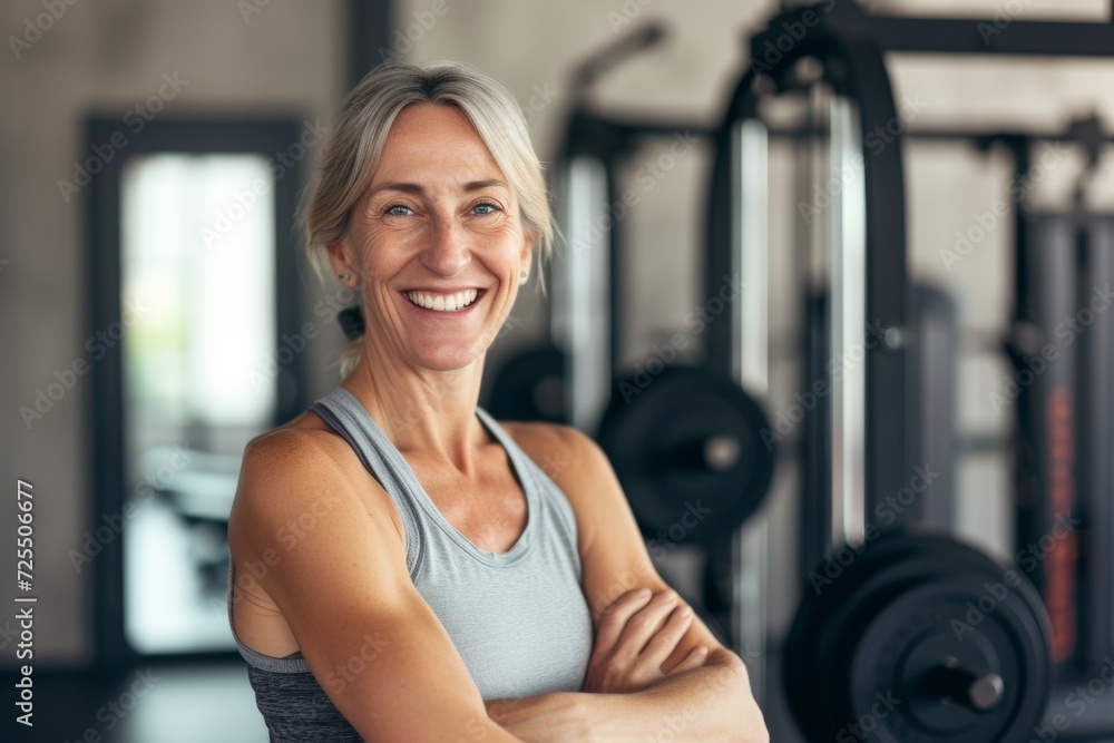 Obraz premium Smiling senior woman with arms crossed in a gym
