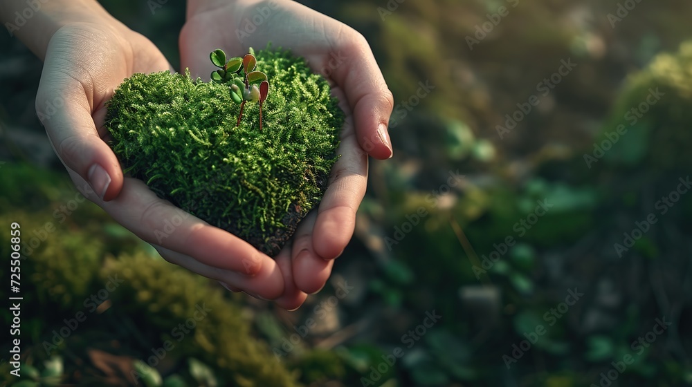 Human hands gently cradle a heart-shaped piece of moss with a young plant sprouting, symbolizing love and care for the environment. - obrazy, fototapety, plakaty 