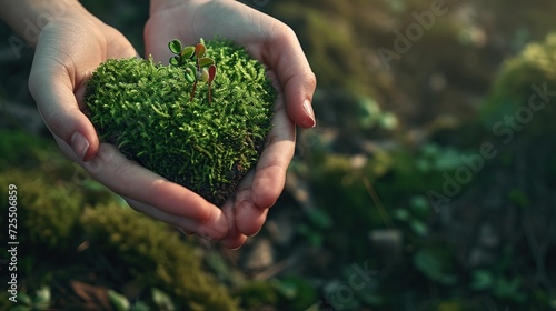 Human hands gently cradle a heart-shaped piece of moss with a young plant sprouting, symbolizing love and care for the environment. photo