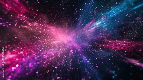 Digital art of a hyperspace travel effect, with a dynamic burst of pink and blue particles resembling a cosmic nebula or starfield. photo