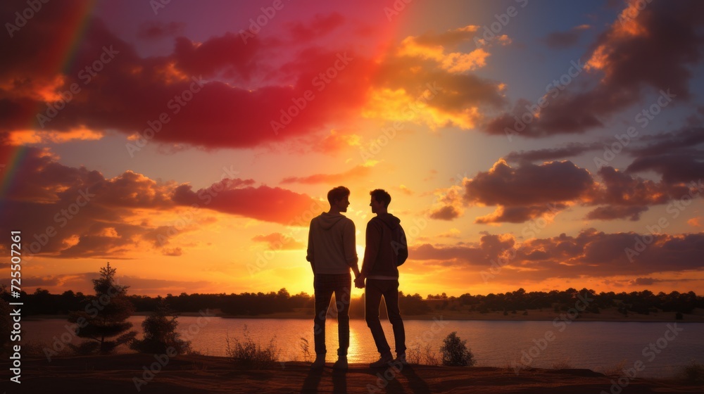 Silhouettes of a gay couple against a beautiful sunset, sky and clouds. A date for men near a river or lake in the evening.