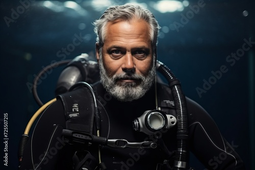 Portrait of a senior male scuba diver looking at camera. © Nerea