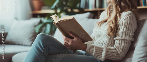 A serene moment of leisure, a woman enjoys reading a book, cozily ensconced in a knit sweater and jeans on a couch