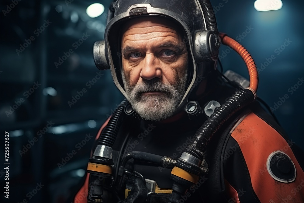 Portrait of a senior man wearing a diving suit and helmet. Portrait of a senior man wearing a diving suit and helmet.