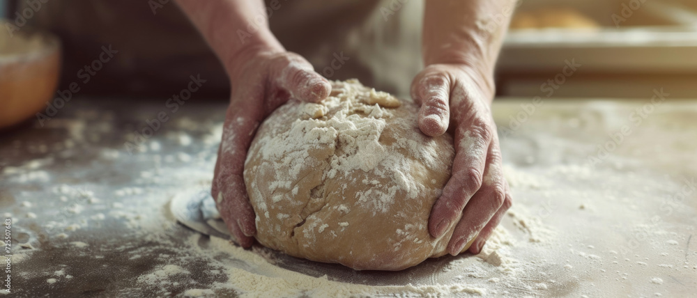 Artisan hands lovingly knead dough on a rustic kitchen surface, the beginning of a bread that tells a story Artisan hands lovingly knead dough on a rustic kitchen surface, the beginning of a bread that tells a story
