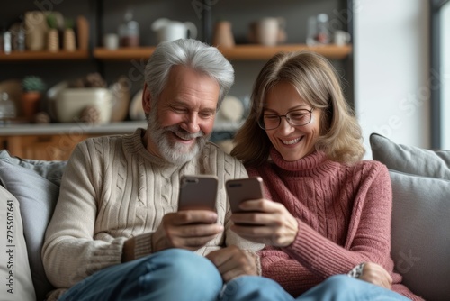Heartwarming scene of a mature family, a smiling middle-aged man and woman, sitting on a couch at home, joyfully using their phones together for various mobile apps