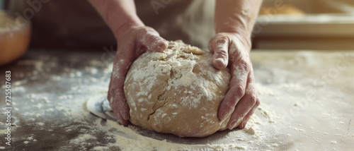 Artisan hands lovingly knead dough on a rustic kitchen surface, the beginning of a bread that tells a story