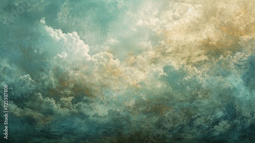 Digital painting of an abstract sky with textured clouds  overlaid with a vintage turquoise filter  creating a dreamlike atmosphere.