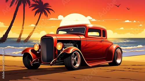 Classic Muscle Hot Rod Car on the Beach Vector Art Illustration. generative ai