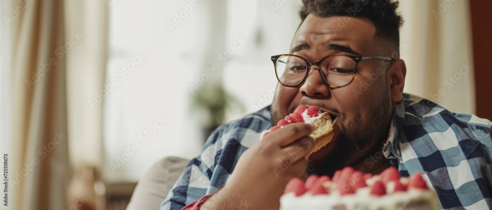 Joyful indulgence, a man savors a delicious slice of cake, celebrating a moment of pleasure and satisfaction Joyful indulgence, a man savors a delicious slice of cake, celebrating a moment of pleasure and satisfaction