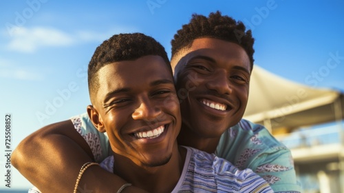 Close-up portrait of a happy young African-American gay couple on vacation at sea against a blue sky background.