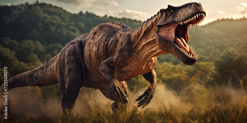 Threatening dinosaur screams while standing near forest. Ancient dangerous animals. Jurassic dinosaur in aggressive pose photo
