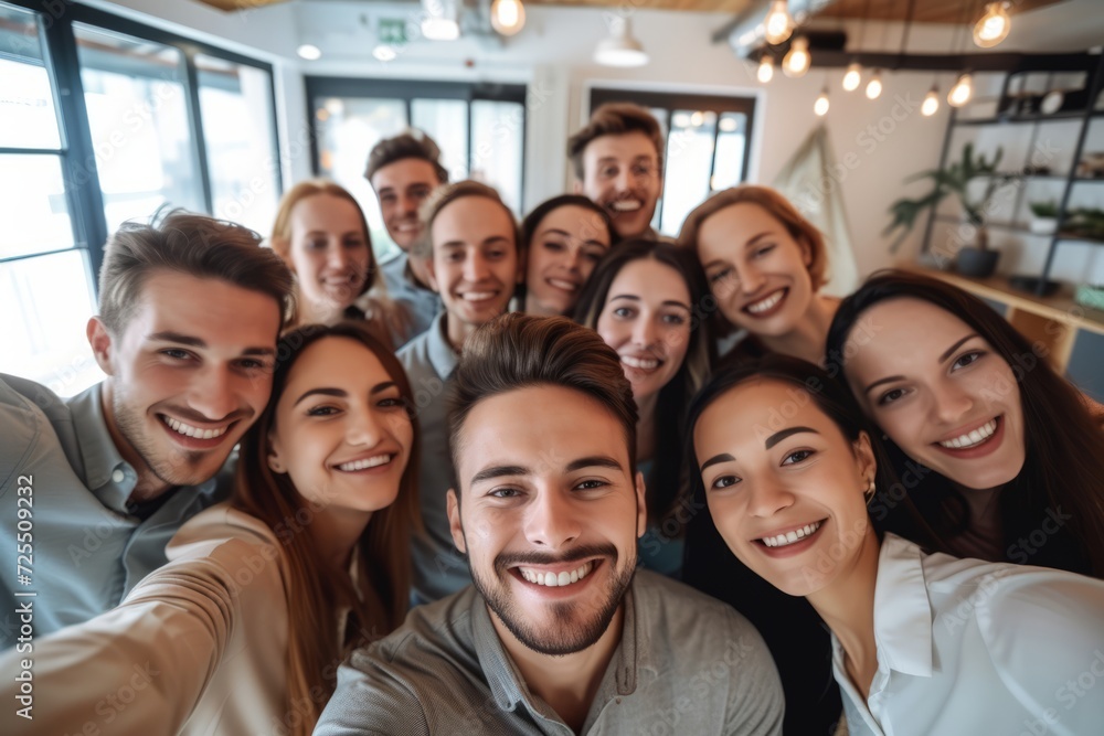 Positive energy of a team-building session in the office, with smiling professionals taking a group selfie, emphasizing the importance of happiness and unity in the workplace Positive energy of a team-building session in the office, with smiling professionals taking a group selfie, emphasizing the importance of happiness and unity in the workplace