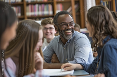 Positive impact of a professor's assistance on high school students, as they collaborate and learn together with smiles in a library setting