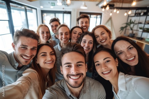 Positive energy of a team-building session in the office  with smiling professionals taking a group selfie  emphasizing the importance of happiness and unity in the workplace