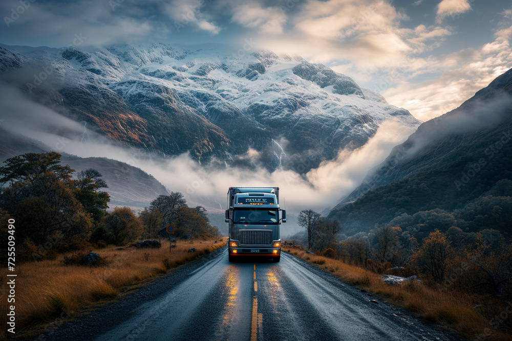 Red Semi Truck on Highway with Mountains at Sunset