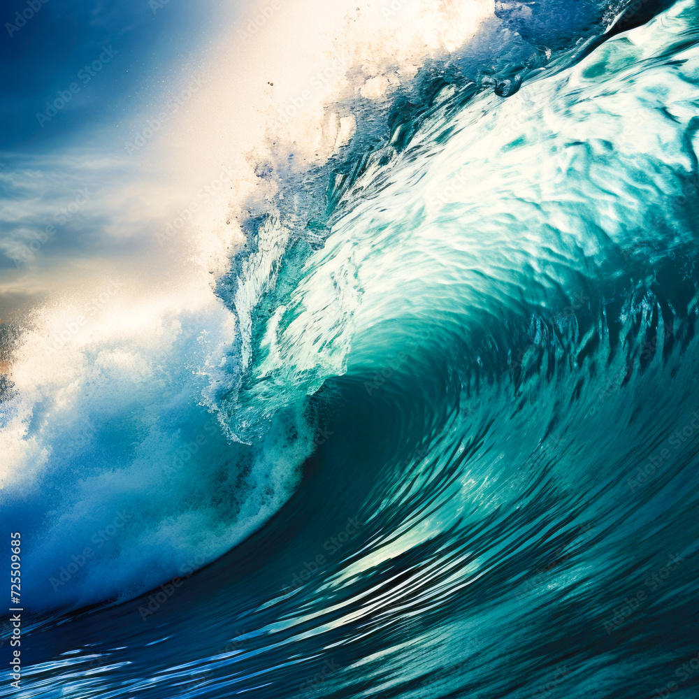 Blue ocean wave with sun and blue sky background. 
