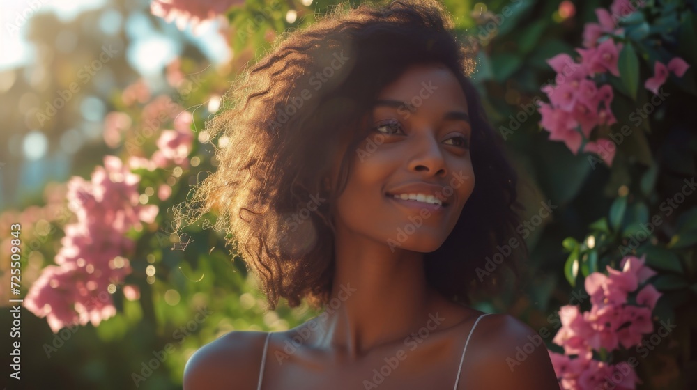Beautiful young woman in the rays of the sun against a background of flowers and greenery. Summer portrait of a girl Beautiful young woman in the rays of the sun against a background of flowers and greenery. Summer portrait of a girl