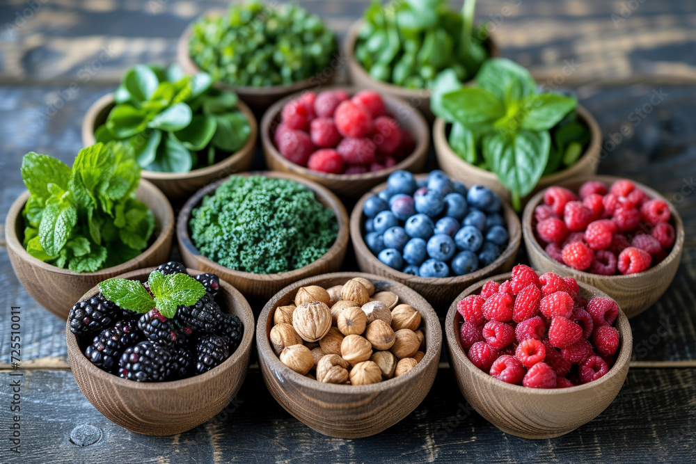 Healthy superfoods displayed in wooden bowls, ideal for nutritious diets and wellness.