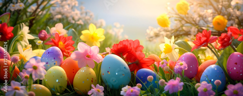 Bright Easter eggs among flowers of daffodils and tulips on delicate background. Easter decor, spring holidays. Family traditions #725510824