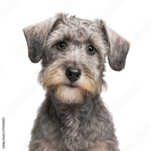 Close up portrait of a cute schnoodle dog puppy, isolated on white background photo