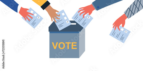 people hand putting voting paper in the ballot box Vote ballot box. Group of people putting paper vote into the box. Election concept. Democracy, Freedom of speech, justice voting and opinion.