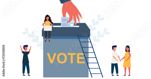 people hand putting voting paper in the ballot box Vote ballot box. Group of people putting paper vote into the box. Election concept. Democracy, Freedom of speech, justice voting and opinion.