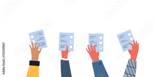 people hand putting voting paper in the ballot box Vote ballot box. Group of people putting paper vote into the box. Election concept. Democracy, Freedom of speech, justice voting and opinion.
