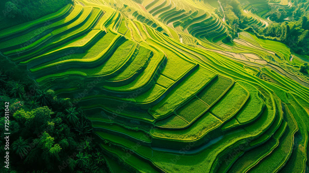 Aerial view of a beautiful landscape of green terraced rice field.