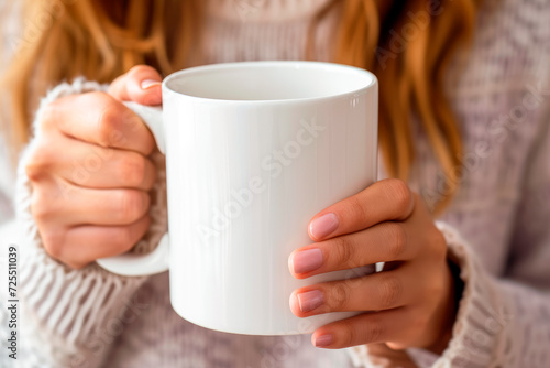 Big white mug for hot tea in female hands. Hands with cup mock up with empty space for your design.