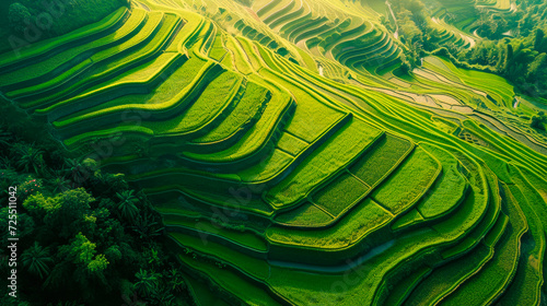 Aerial view of a beautiful landscape of green terraced rice field.
