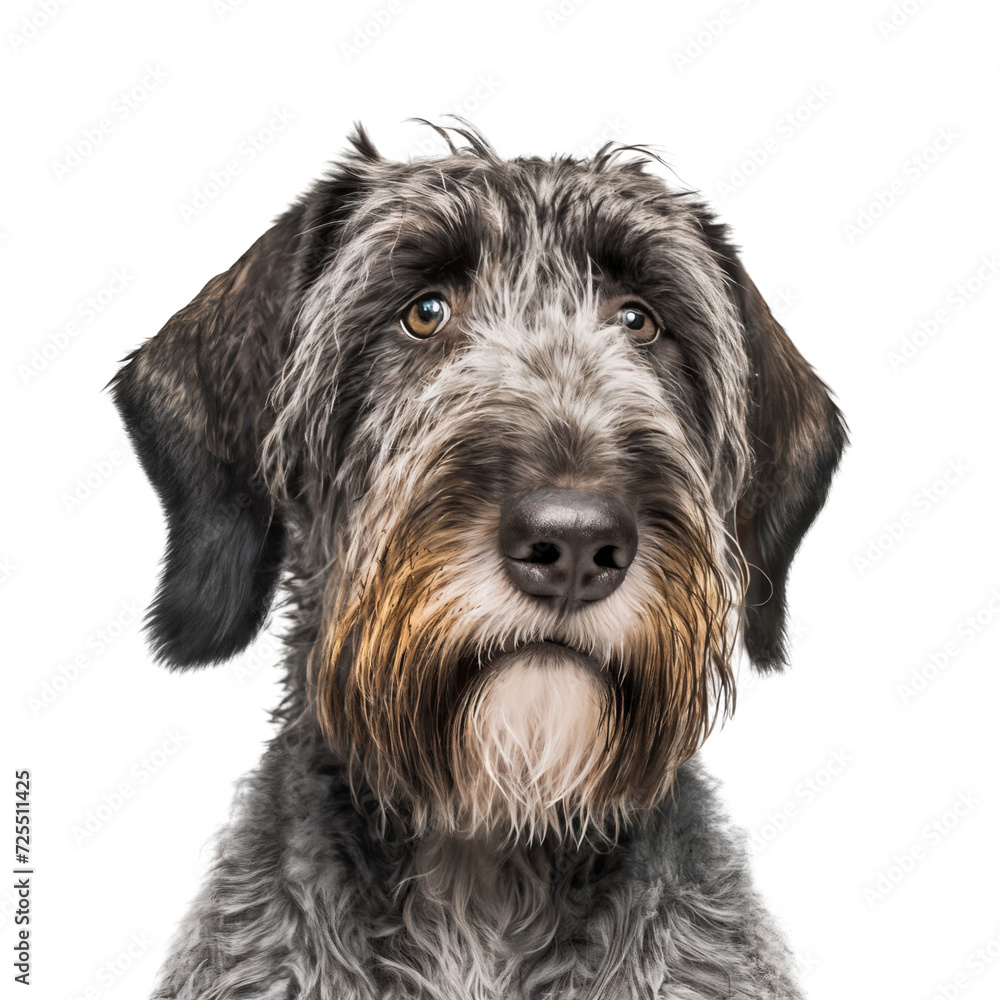 German Wirehaired Pointer puppy, close up face isolated on white background German Wirehaired Pointer puppy, close up face isolated on white background
